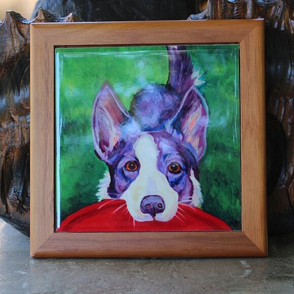 Hand Painted Black and white cattle dog Framed Art Tile 7.5" x 7.5" Framed